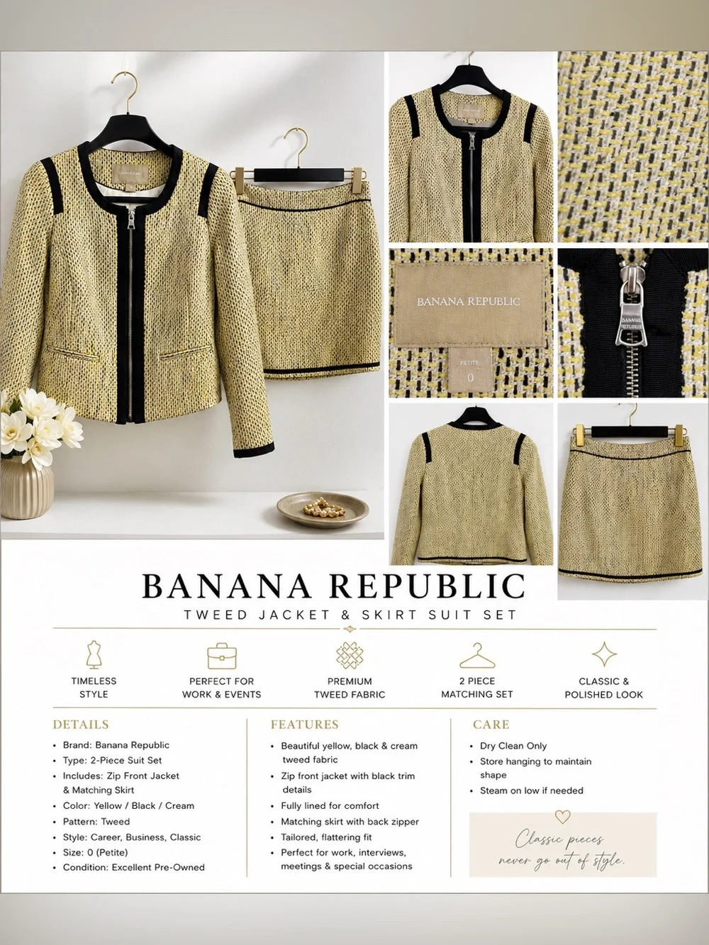 Banana Republic Yellow, Cream & Black Tweed Zip Jacket
